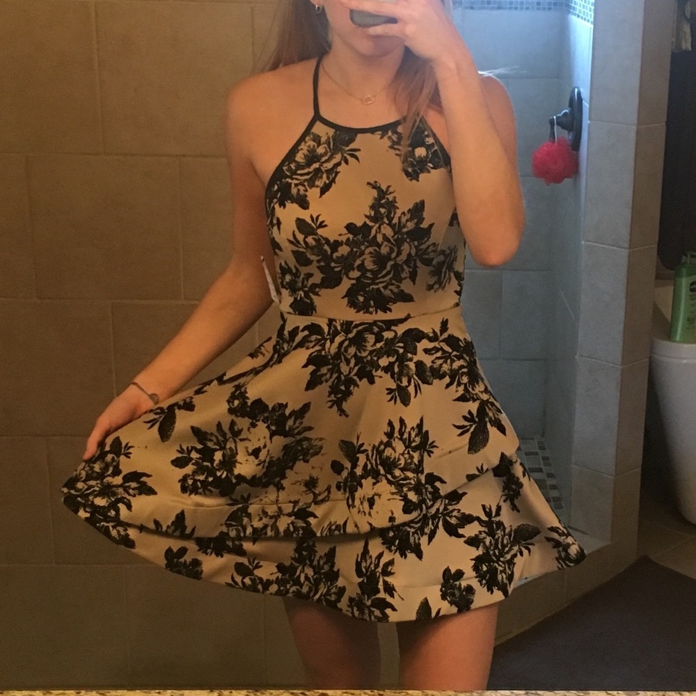 Tan Windsor dress with black velvet flower pattern